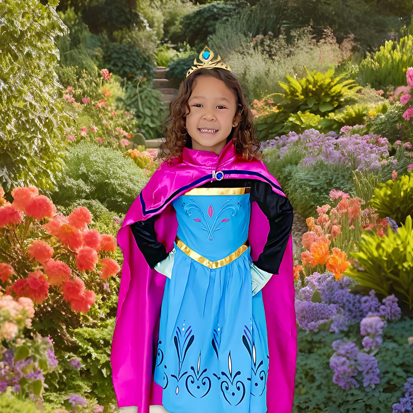 Cokos Box Girls Coronation Princess Dress Costume, Long Cape, Gloves, Tiara Crown Accessories Kids Set, Blue, Size 7 Years