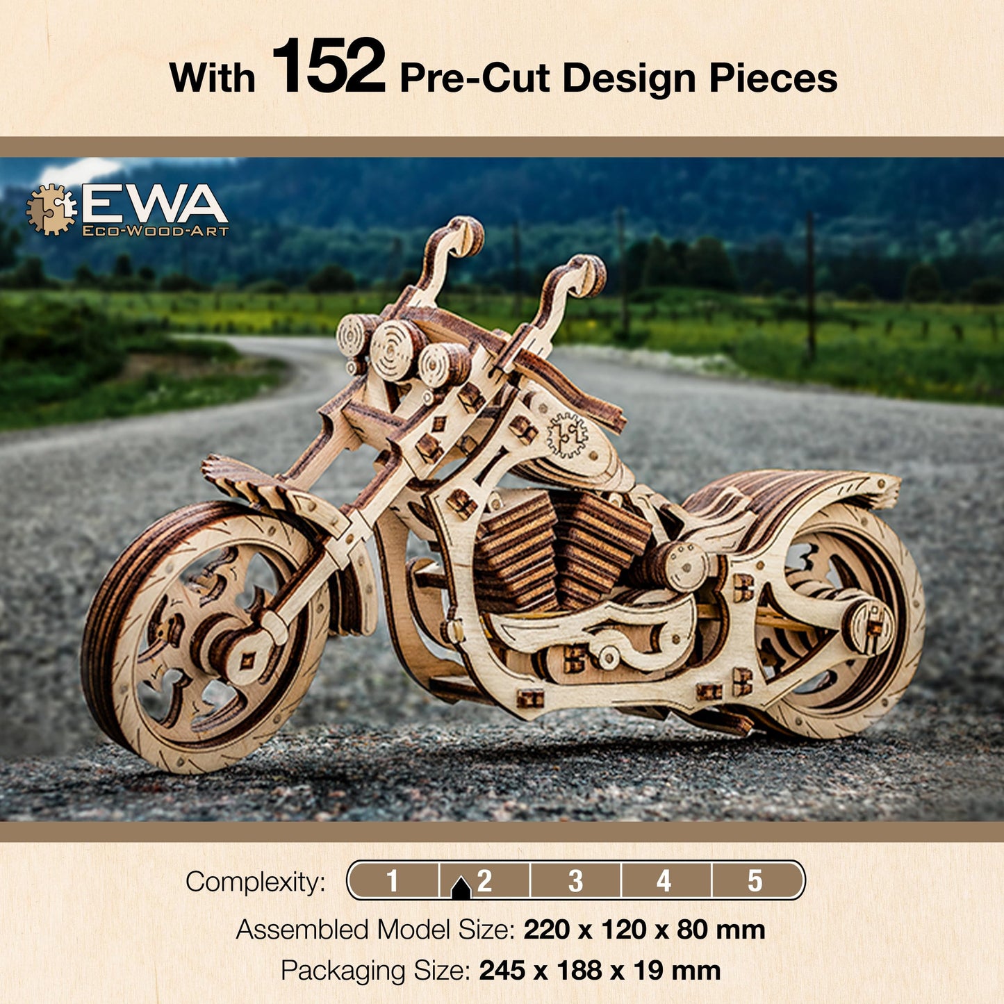 3D Puzzles for mature-themeds - DIY Cruiser Motorcycle Model Kit with Rubber Band Engine  Functional Handlebars & Center Prop Stand - 3D Wooden Puzzle for 15 yrs Above & mature-themeds - Eco Wood Art  152 Pieces