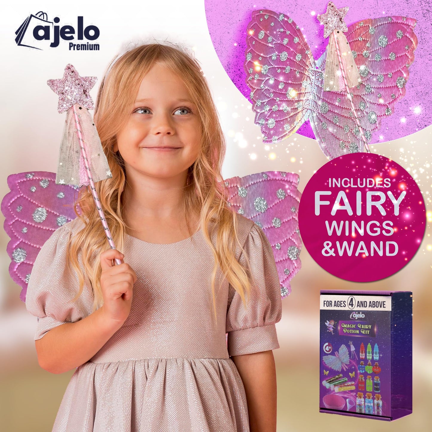 Ajelo Fairy Potions Kit for Kids Magic Set with Wings Wands, 15 Bottles, Halloween & Christmas Party DecorationsToys Girls & Boy