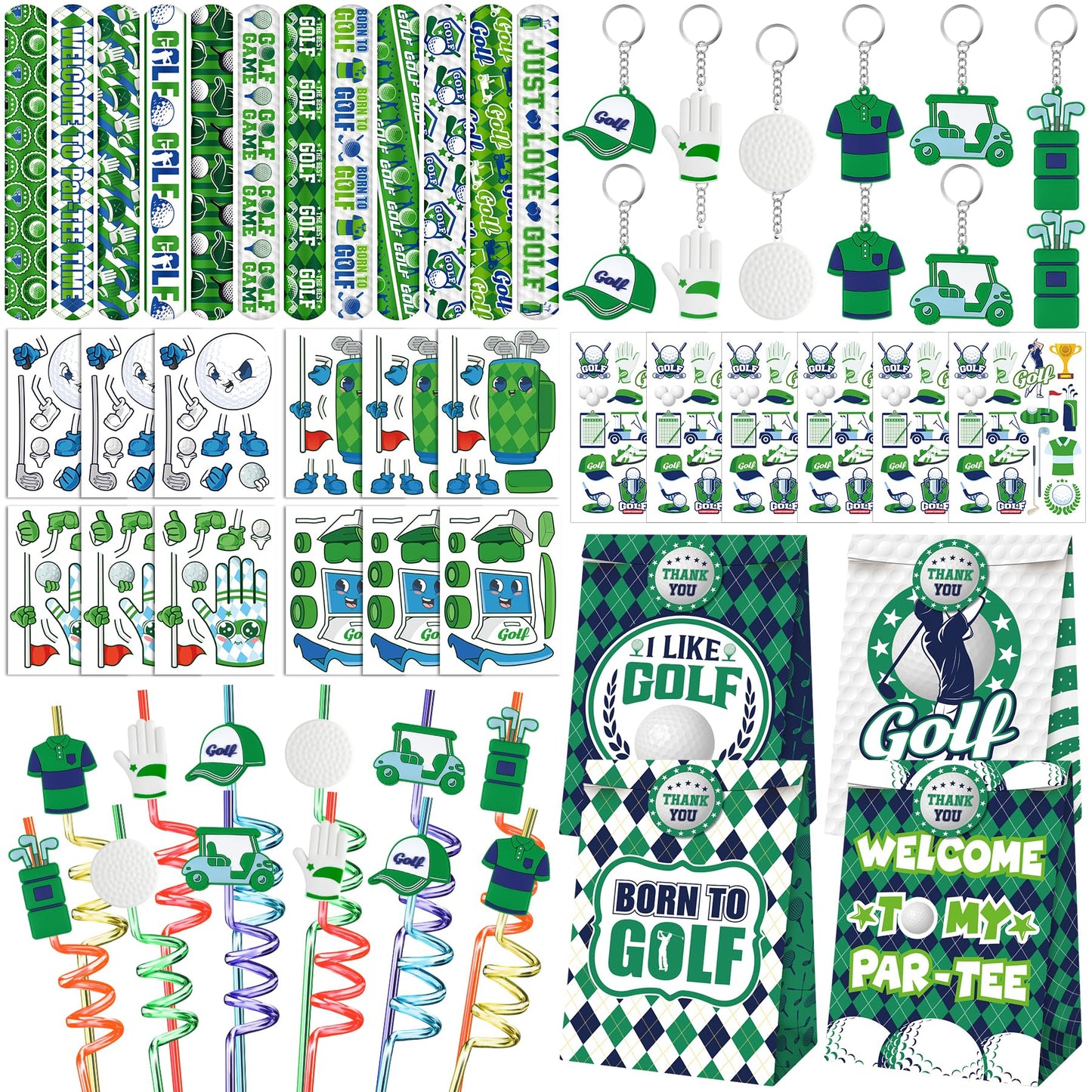 Erweicet Golf Party Favor 72 PCS Golf Theme Slap Bracelet DIY Stickers Temopory Tattoos Keychains Plastic Straws Gift Bags for G