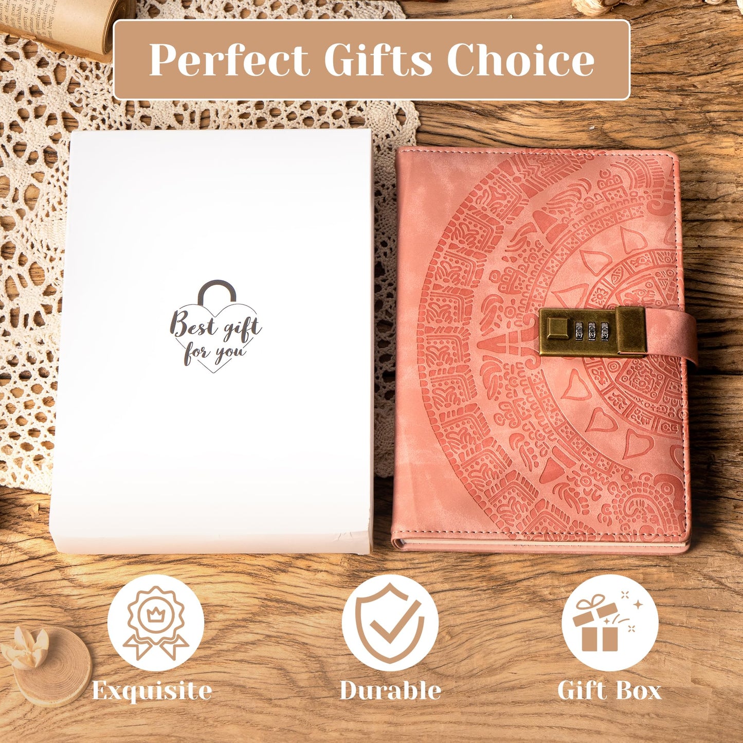 CAGIE Diary with Lock for Women Girls 256 Pages Leather Password Journal with Lock A5 Locking Journal for Writing Note Taking wi