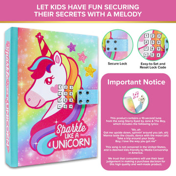 Decorably Glittery A5 Unicorn Journal for Girls Ages 4-8 with Lock Code and Music, 80 Sheets Locking Diary for Girls Ages 8-12 w