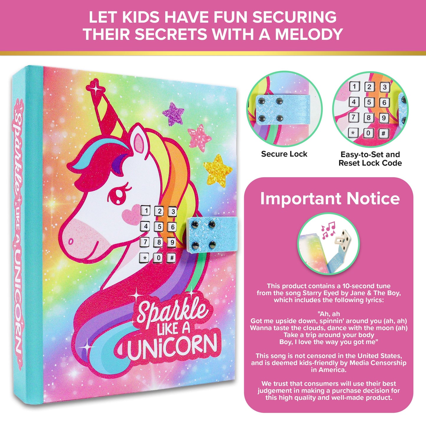 Decorably Glittery A5 Unicorn Journal for Girls Ages 4-8 with Lock Code and Music, 80 Sheets Locking Diary for Girls Ages 8-12 w
