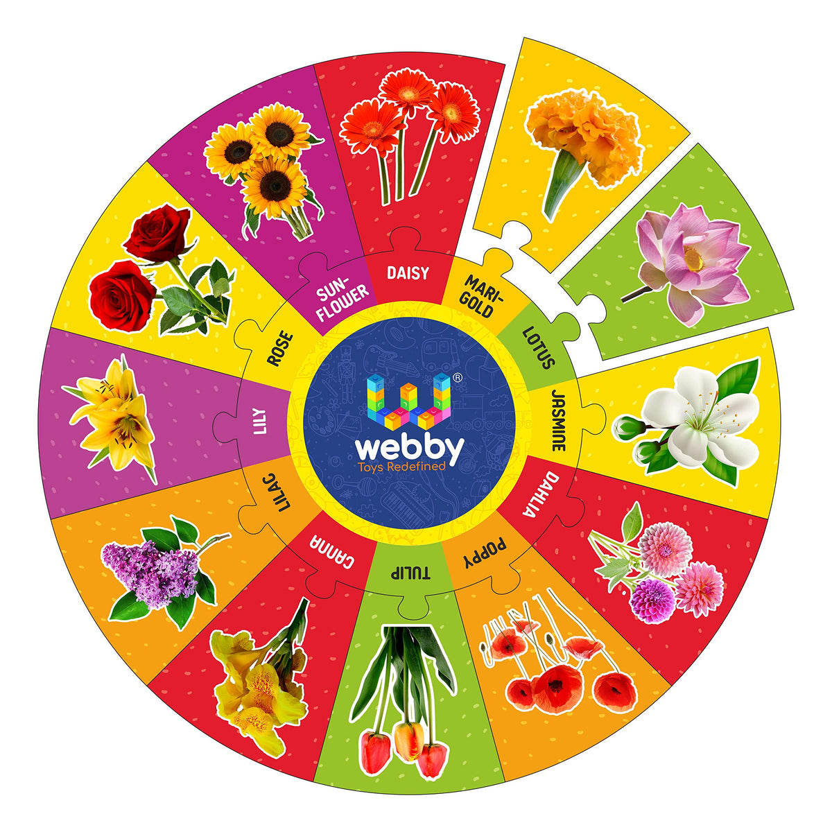 Webby Flowers Wooden Round Jigsaw Floor Puzzle, 13 Pcs