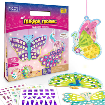 Imagimake Mirror Mosaic Butterfly & Peacock Kids Art Set | Diy Craft Kit | Foil Stickers For Kids | Mosaic Kit | Travel Toys | Birthday Gift For Girls And Boys Ages 3,4,5,6,7,8 |