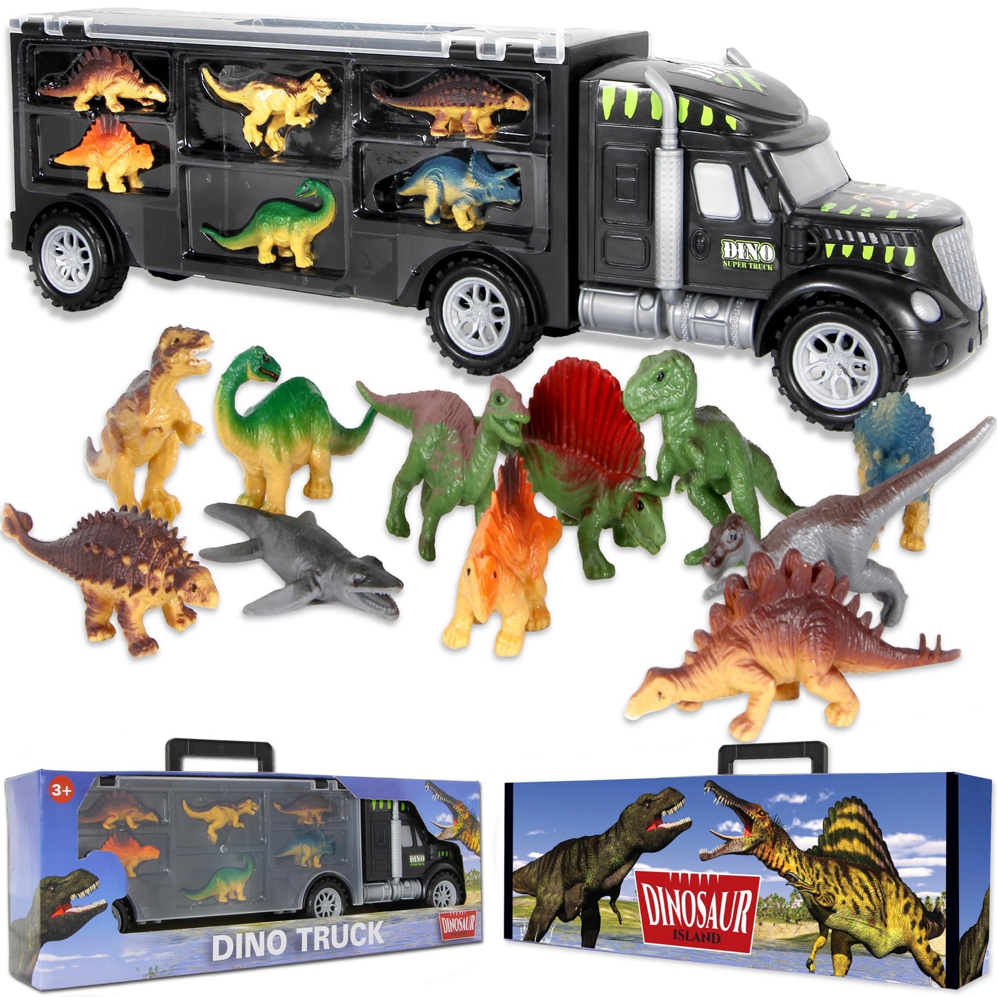 Dinosaur Truck Carrier - Dinosaur Toys for Kids 3-5, Dinosaur Truck with 12 Dinosaur Action Figure Toys for Boys - Toy Dinosaurs