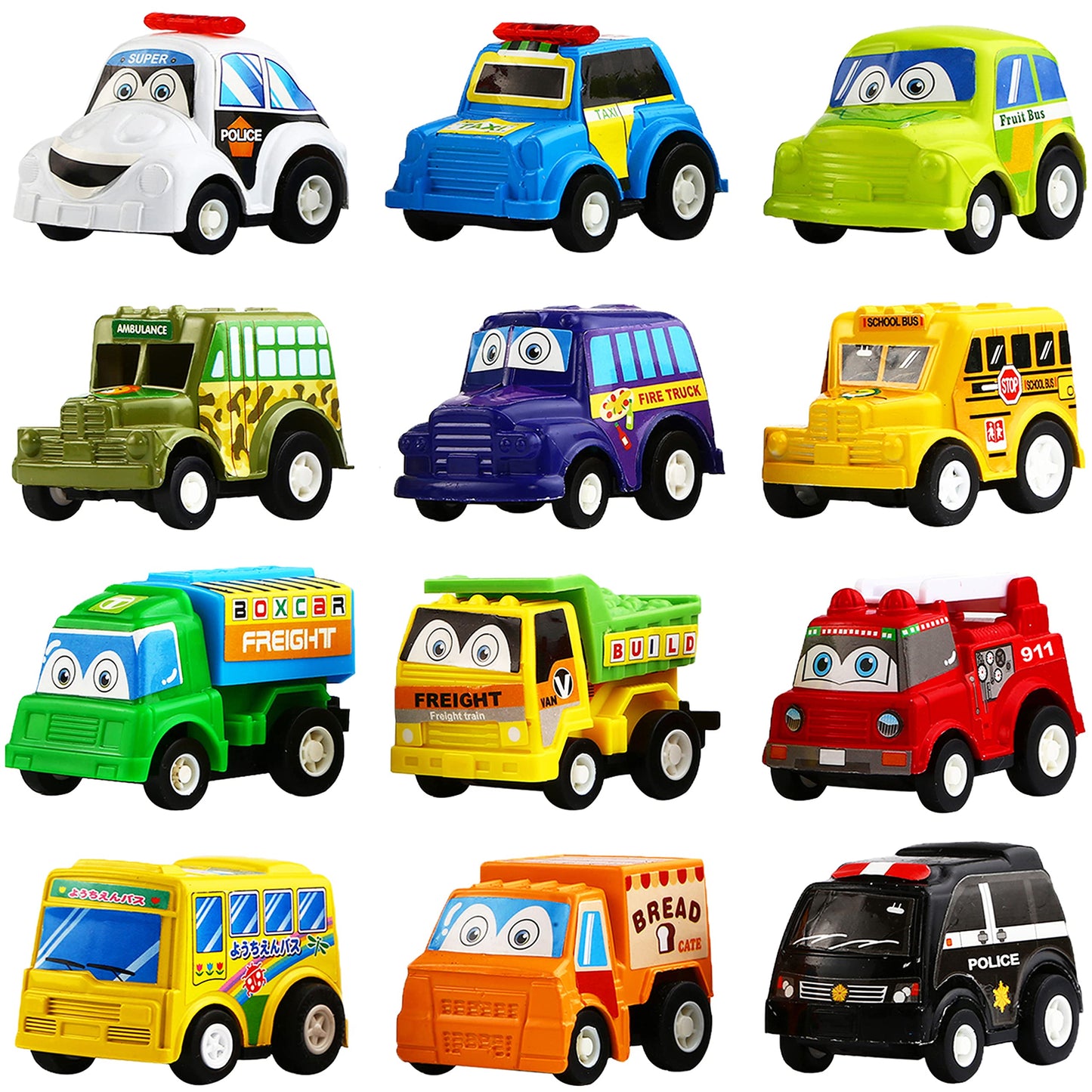 Funcorn Toys Pull Back Car, 12 Pack Assorted Mini Plastic Vehicle Set, Pull Back Truck and Car Toys for Boys Kids Toddler Party