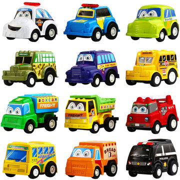 Funcorn Toys Pull Back Car, 12 Pack Assorted Mini Plastic Vehicle Set, Pull Back Truck and Car Toys for Boys Kids Toddler Party