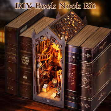 SHIISEWE Book Nook, DIY Book Nook Kits for Adults, Magic Library 3D Wooden Puzzle Bookend Bookshelf Insert Decor with LED Light,