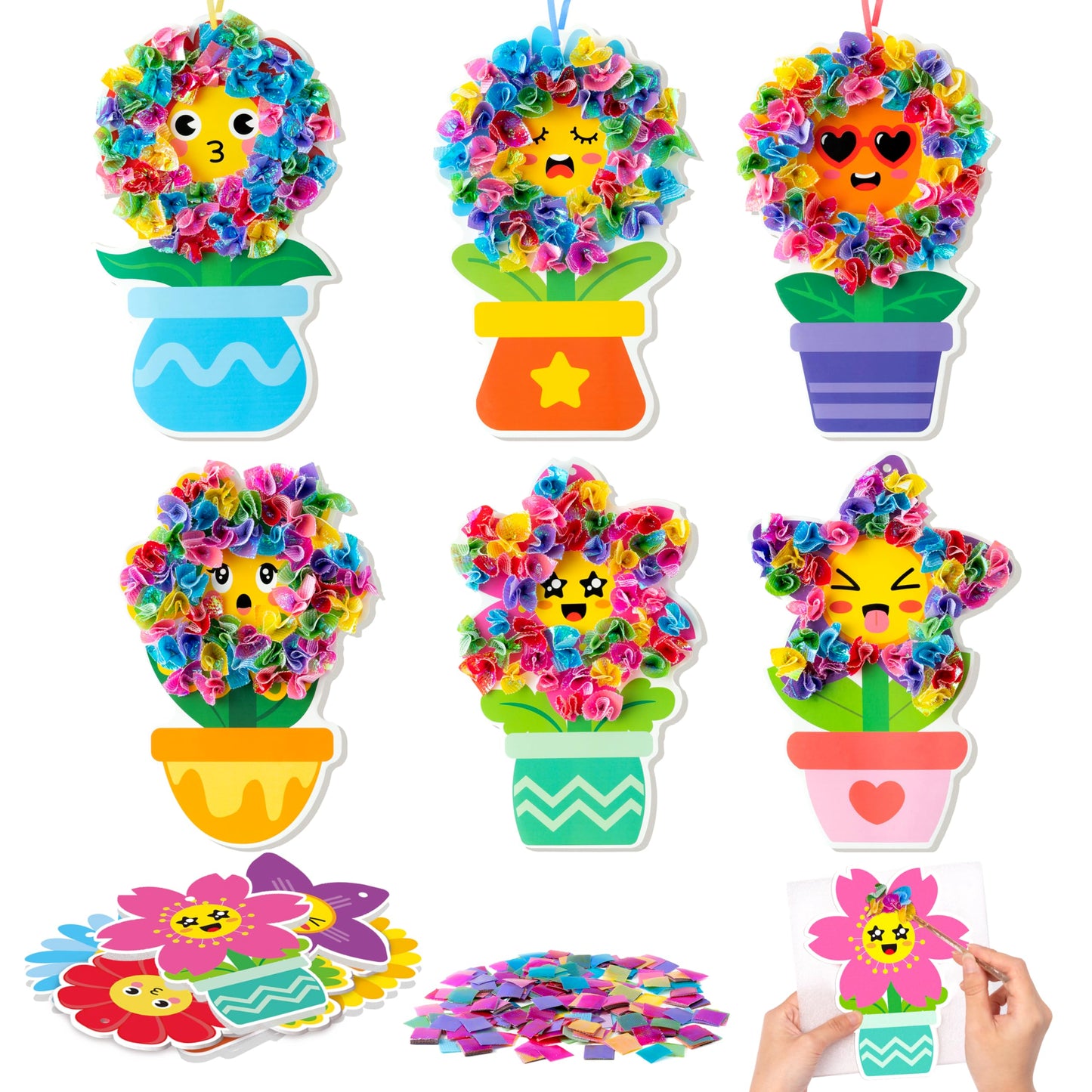 3sscha 12 Packs Spring Flower Poking Craft Kit - Mothers Day Creative DIY Foam Flower Pot Poke Fabric Art Set Make Your Own Car