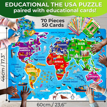 QUOKKA World Map Puzzles for Kids Ages 4-6 - 70 Pcs Floor Puzzles for Kids Ages 4-8 Preschool Activities - Includes 50 Cards with 400+ World Facts - Continent-Shaped Jigsaw Puzzle Gift for Girls Boys