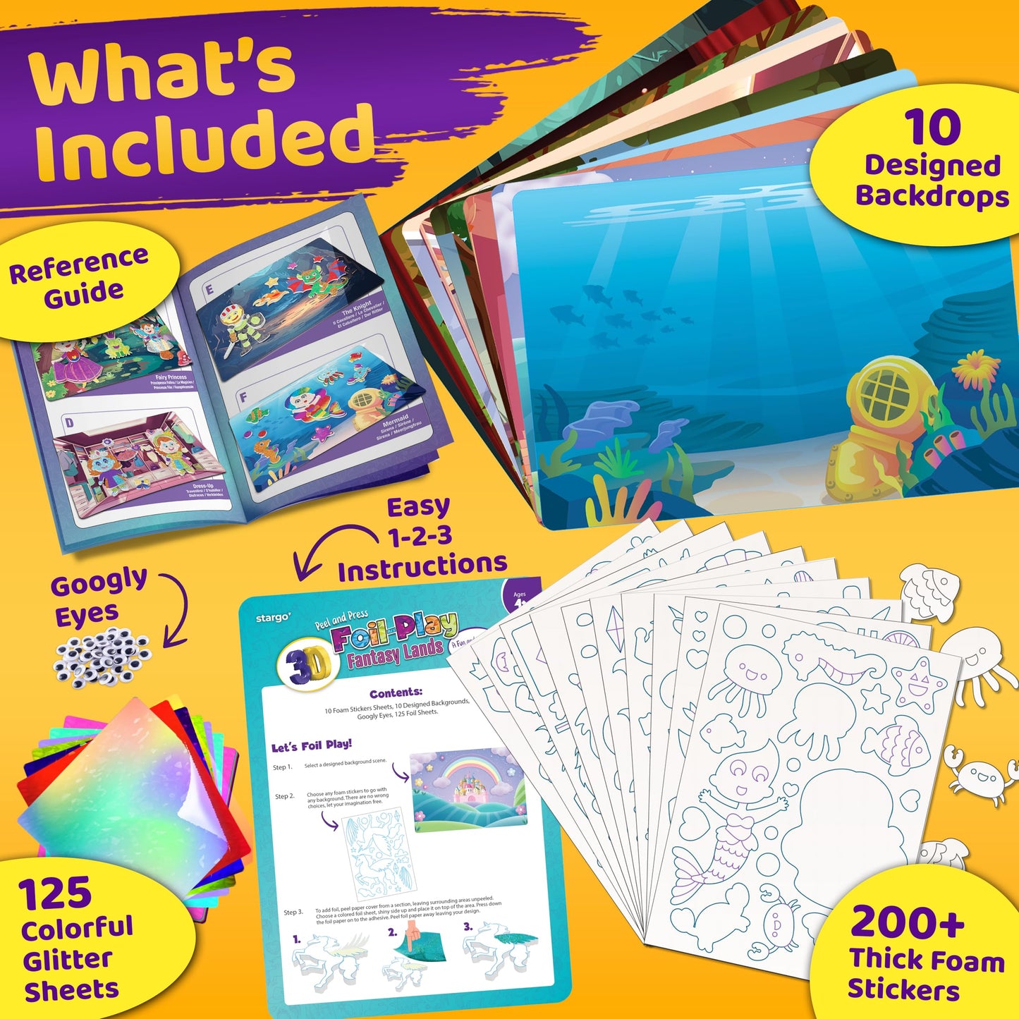 Stargo Foil Creative Art Kit for Kids - Fun Craft Set with 3D Stickers, Small, Multicolor, Model CB-1032-FL, Ages 4-9
