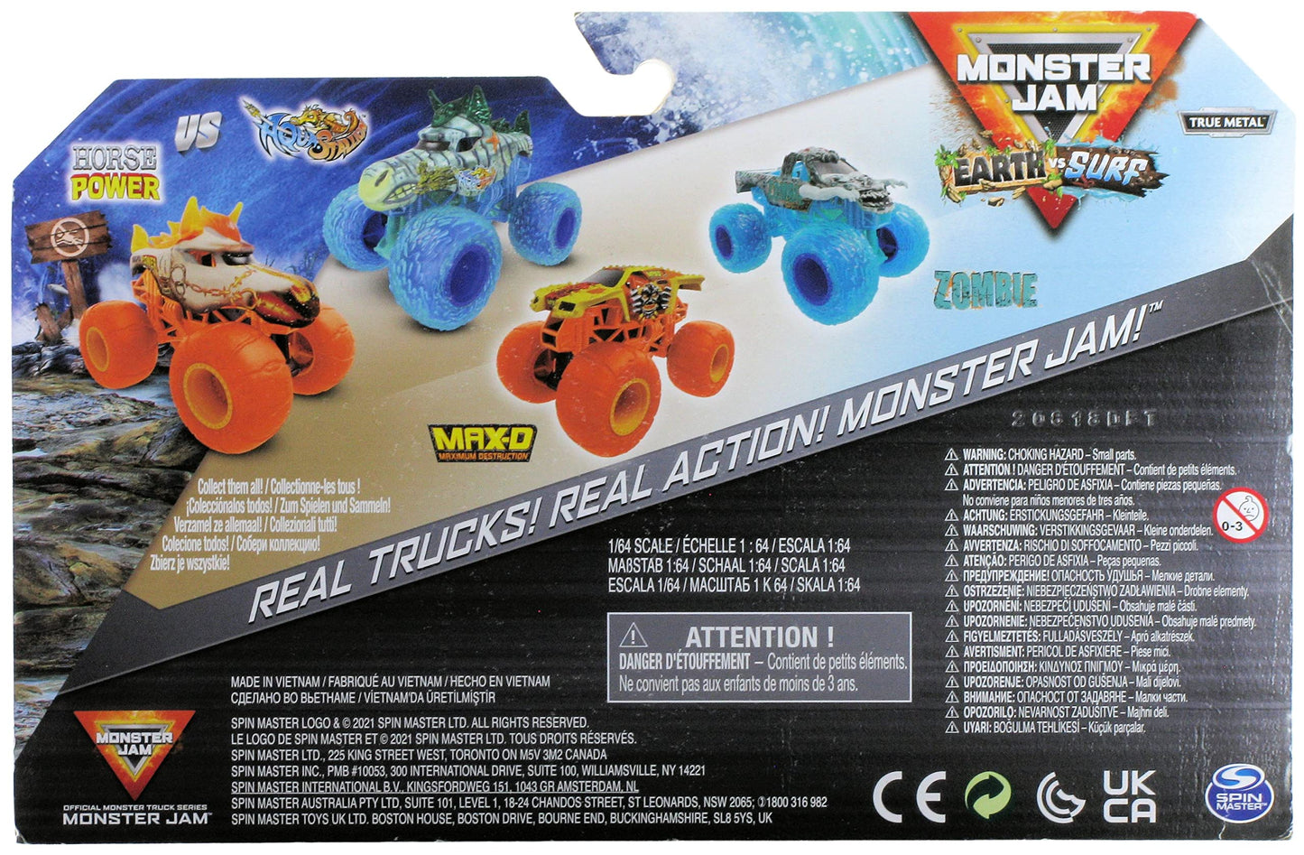 Monster Jam 1:64 Scale Double Pack - Horse Power & Aqua Stallion Trucks, Orange & Blue, 4 inches, Metal, Model 20138200