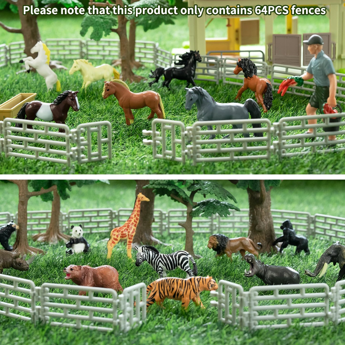 Toymany 64PCS Mini Plastic Fence for Farm Animals - Medium Silver Horse Corral for Kids and Toddlers