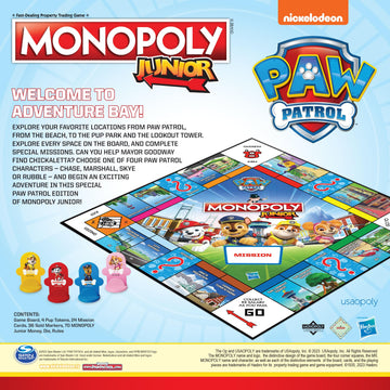 Monopoly Jr Paw Patrol Board Game | Featuring Chase, Marshall, Skye, And Rubble | Officially Licensed Nickelodeon Paw Patrol Game | Family-Friendly Children'S Monopoly Game | Ages 5 & Up