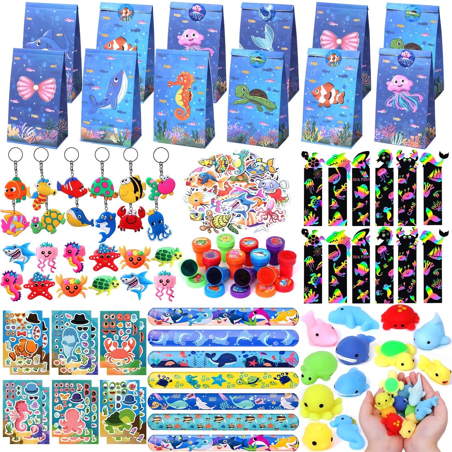 Winrayk 148Pcs Under the Sea Party Favors Birthday Supplies Kids Ocean Sea Animal Toy Gift Bag Squishy Bookmark Diy Sticker Stam