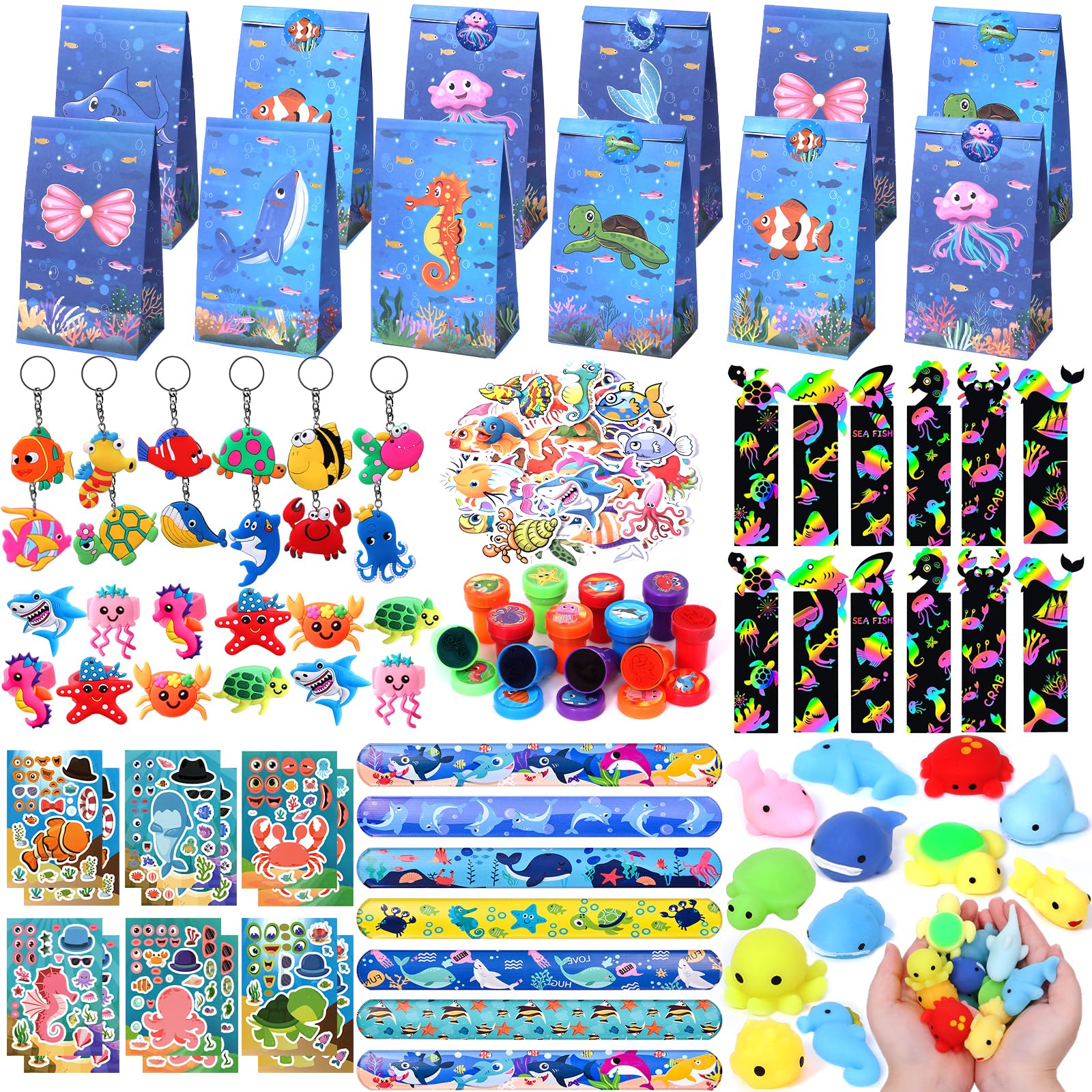 Winrayk 148Pcs Under the Sea Party Favors Birthday Supplies Kids Ocean Sea Animal Toy Gift Bag Squishy Bookmark Diy Sticker Stam