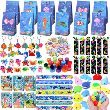 Winrayk 148Pcs Under the Sea Party Favors Birthday Supplies Kids Ocean Sea Animal Toy Gift Bag Squishy Bookmark Diy Sticker Stam