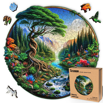 Majestic Landscape - 350 Piece Wooden Puzzles for mature-themeds - 15 x 14.6 in - Extra-Thick 5 mm Wood Puzzle  Hand-Shaped Pieces  Round Mosaic Design - enhanced Gift for Puzzle Lovers by LEOGOR