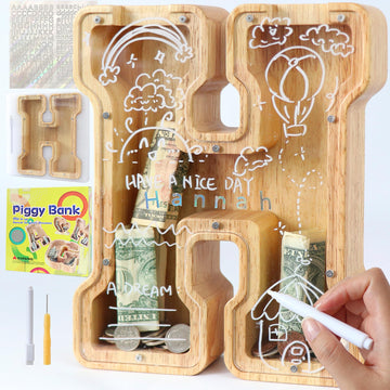 weallbuy Large Letter Piggy Bank for Kids Boys Girls Wooden Personalized Piggy Banks A-Z with Target Area Clear Alphabet Banknote Coin Banks for Gift Decoration Baptism (H)