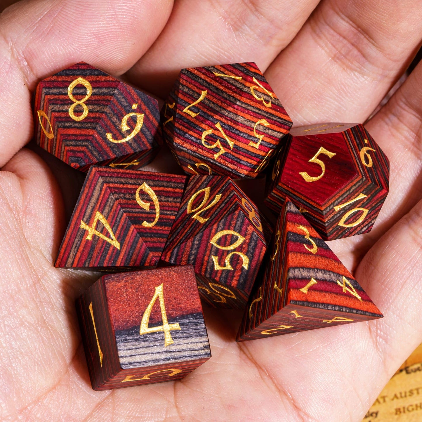 HDdais Wood DND Dice Set Red Orange Striped Handmade Wood Dice Set for Dungeons and Dragons Role Playing Games