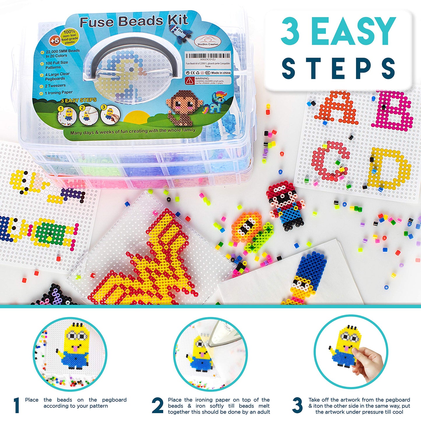 XXL Fuse Beads kit, Melty Beads Melting Beads for Kids Crafts | Iron Beads for Kids kit - Fuse Beads pegboards, pearler Beads. H