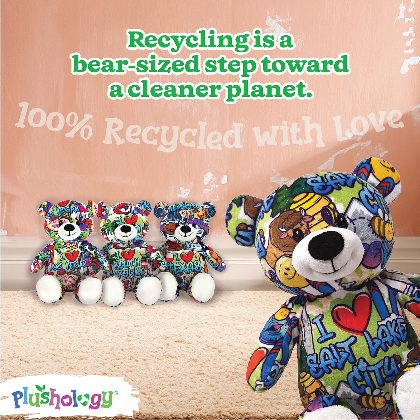 PLUSHOLOGY I Love Salt Lake City Graffiti Teddy Bear Eco Friendly Stuffed Animal; Cuddly Soft Velboa Plush Animal for Kids 3 Years Old to mature-themeds; Child-Safe Embroidered Eyes (10 Tall When Seated)