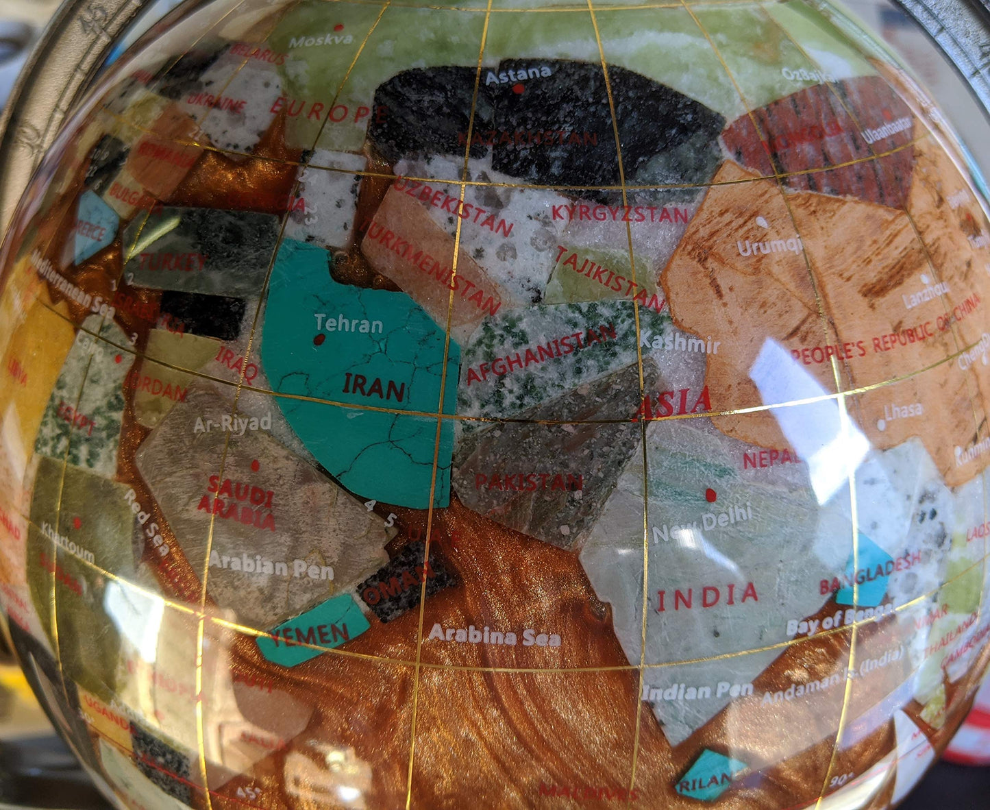 14' Tall Amber Pearl Gold Stand Gem Gemstone World Map Globe Globes Maps