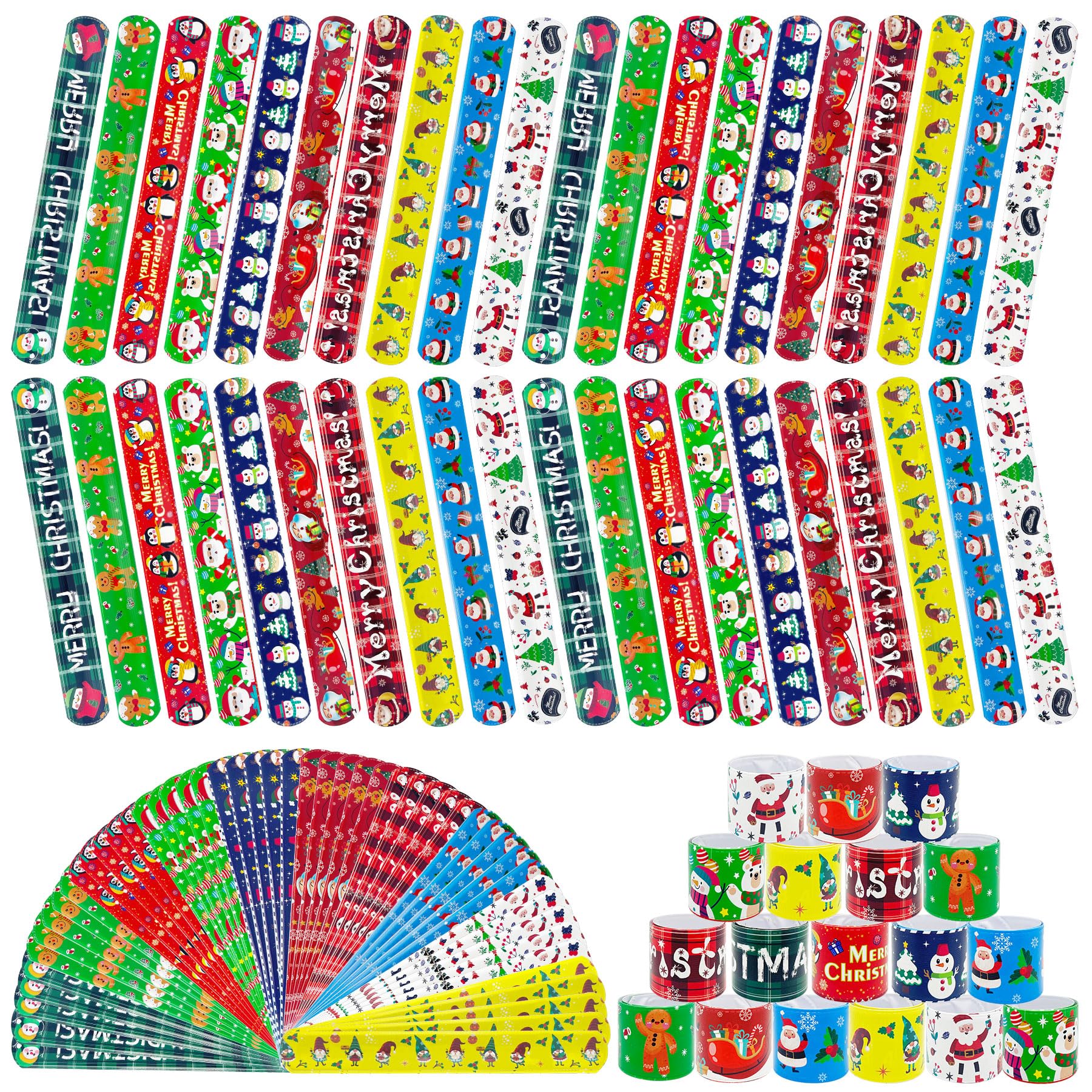 Junebrushs 56 Pack Christmas Slap Bracelets For Kids Xmas Slap Bands Wristband Christmas Party Favors Snap Bracelets Bulk For Bo
