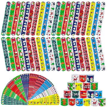 Junebrushs 56 Pack Christmas Slap Bracelets For Kids Xmas Slap Bands Wristband Christmas Party Favors Snap Bracelets Bulk For Bo