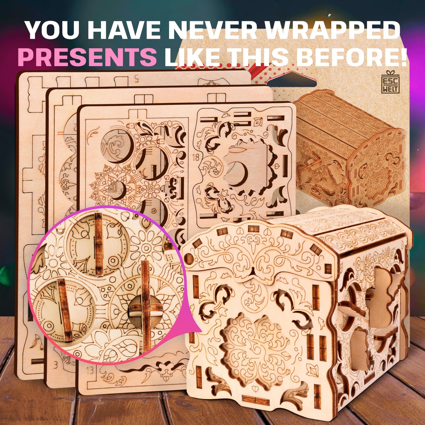 Esc Welt Secret Treasure Box 3D Wooden Puzzle Game - Creative Gift Box For Money, Vouchers, Gift Cards - 3-In-1 Wooden Box Game - Gift Box For Teenagers And Adults - 3D Wooden Puzzle