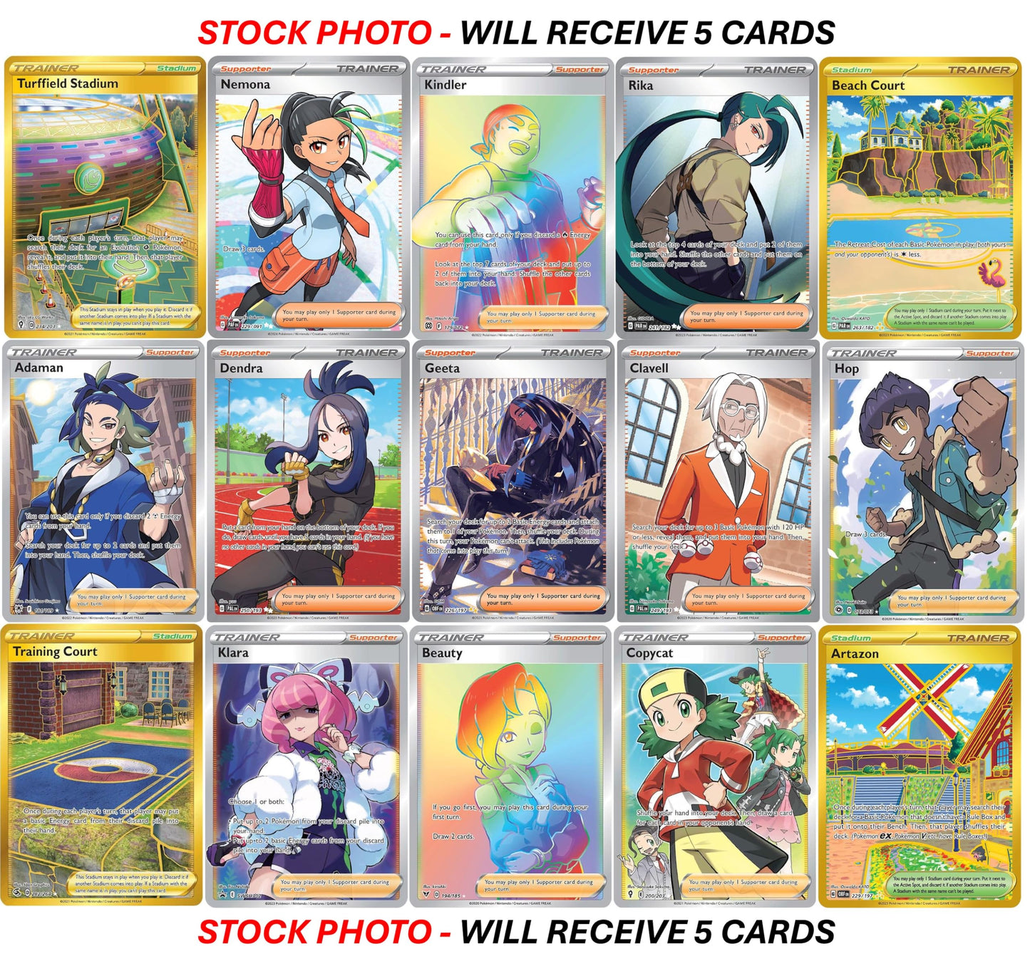 Pokemon 5 Full Art Trainer Card Lot - X1 Secret Rare  X4 Full Art Etched Cards - No Duplicates
