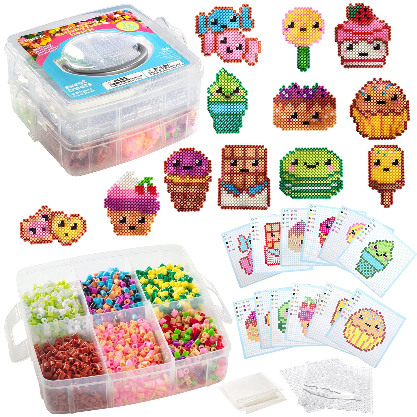 SCS Direct 4,000pc Fuse Beads Sweet Treats w CASE -17 Colors, 12 Unique Templates, 2 Peg Boards, Tweezers, Ironing Paper - Bulk 
