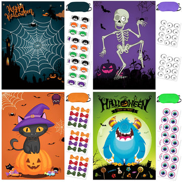Boramdo Halloween Party Games Halloween Pin The Game Poster With 96 Stickers And 4 Blindfolds, Halloween Pin The Tail Game For H