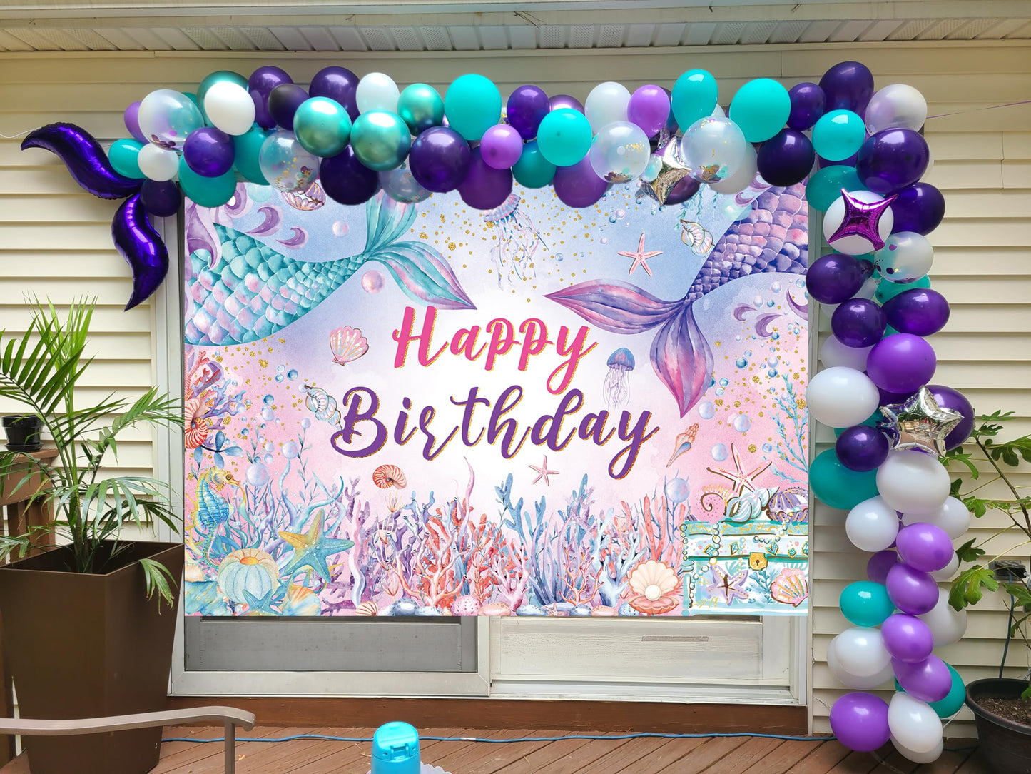 Mermaid Happy Birthday Backdrop Fish Tail Coral Decoration Banner Marine Biological Background for Princess Girl Mermaid Theme B