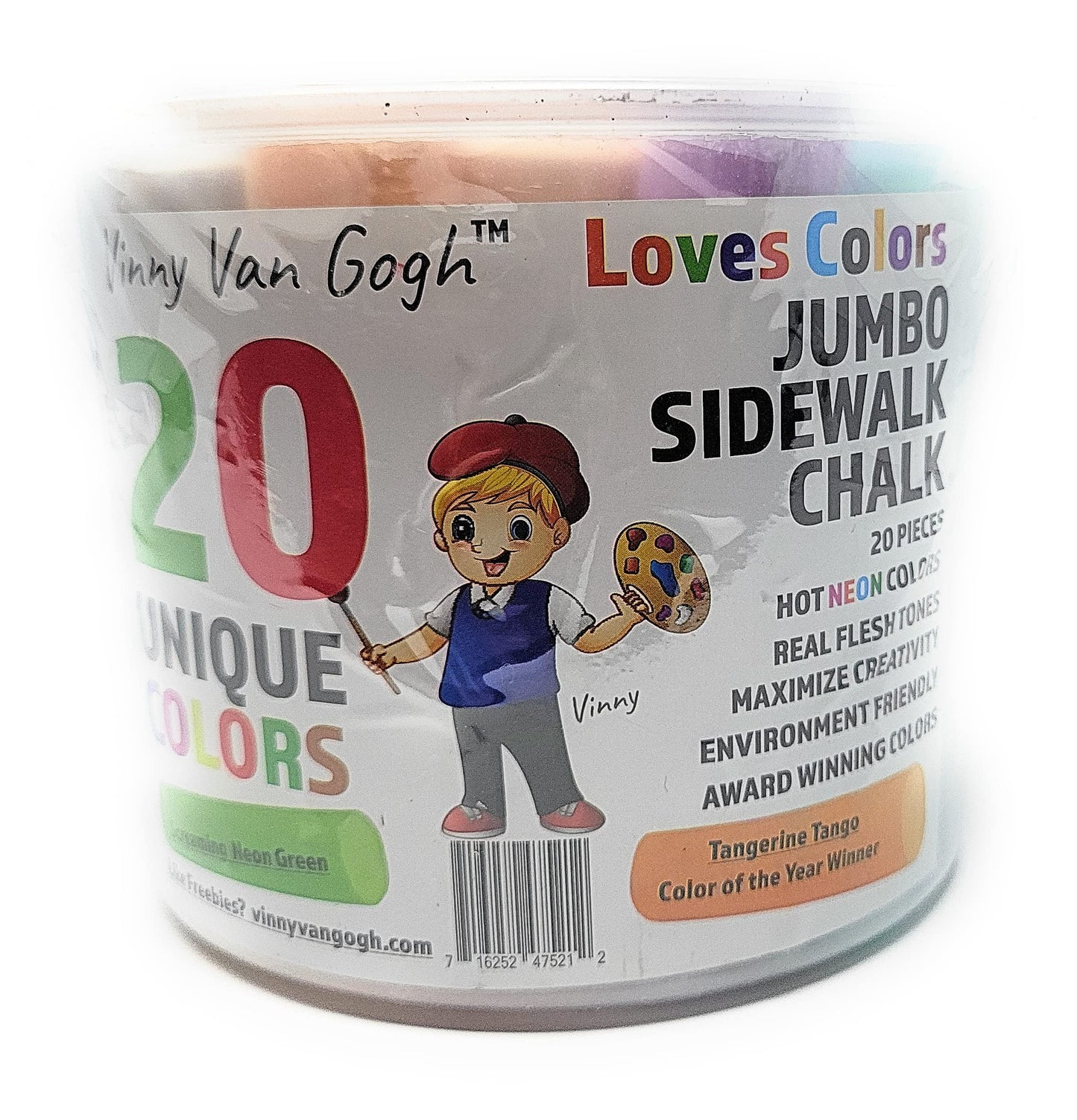 Vinny Van Gogh 20 Hot Colors Jumbo Sidewalk Chalk + Cute Tote bag > Toddlers Kids Adults > Safe Non-Toxic Washable Dustless > Aw