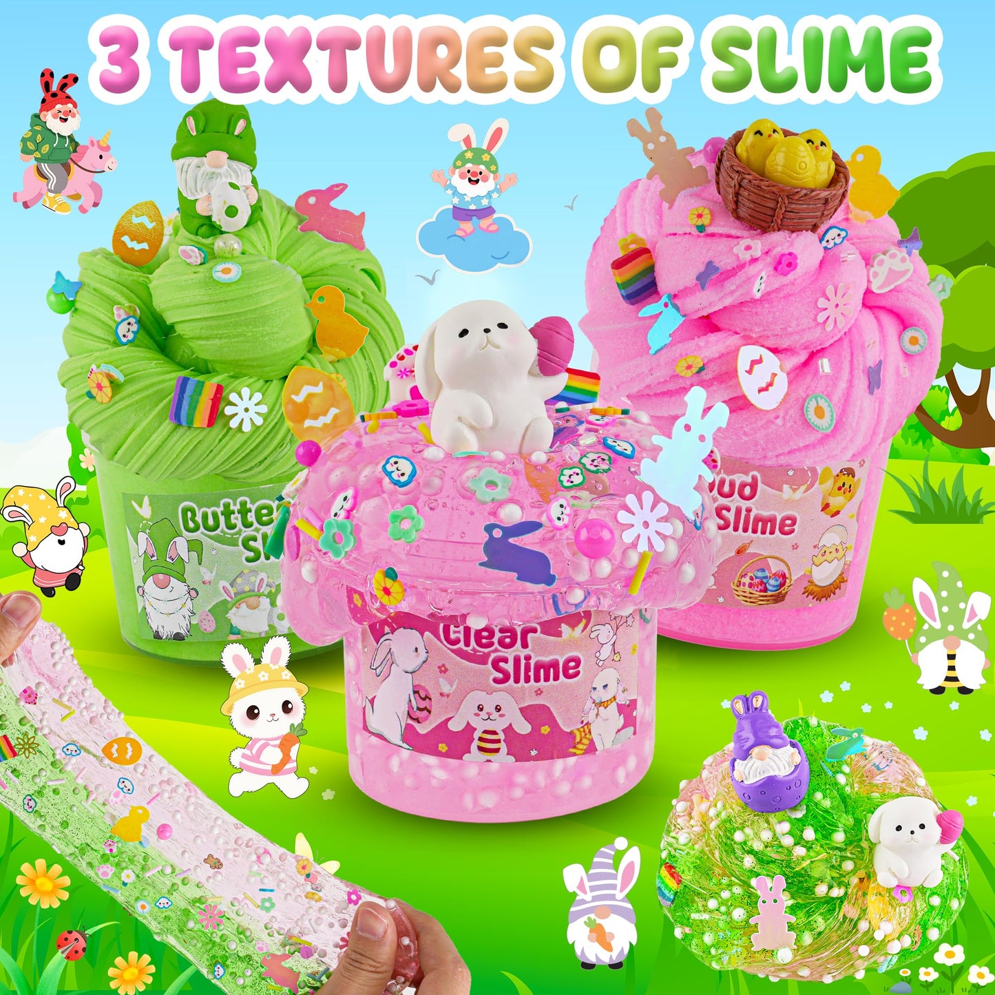 Lawoho 6 Packs Bunny Pink Slime Kit -Cloud Clear Butter Slimes With Easter Charms & Add-Ins, Soft Fluffy Slimes Kits For Girls &