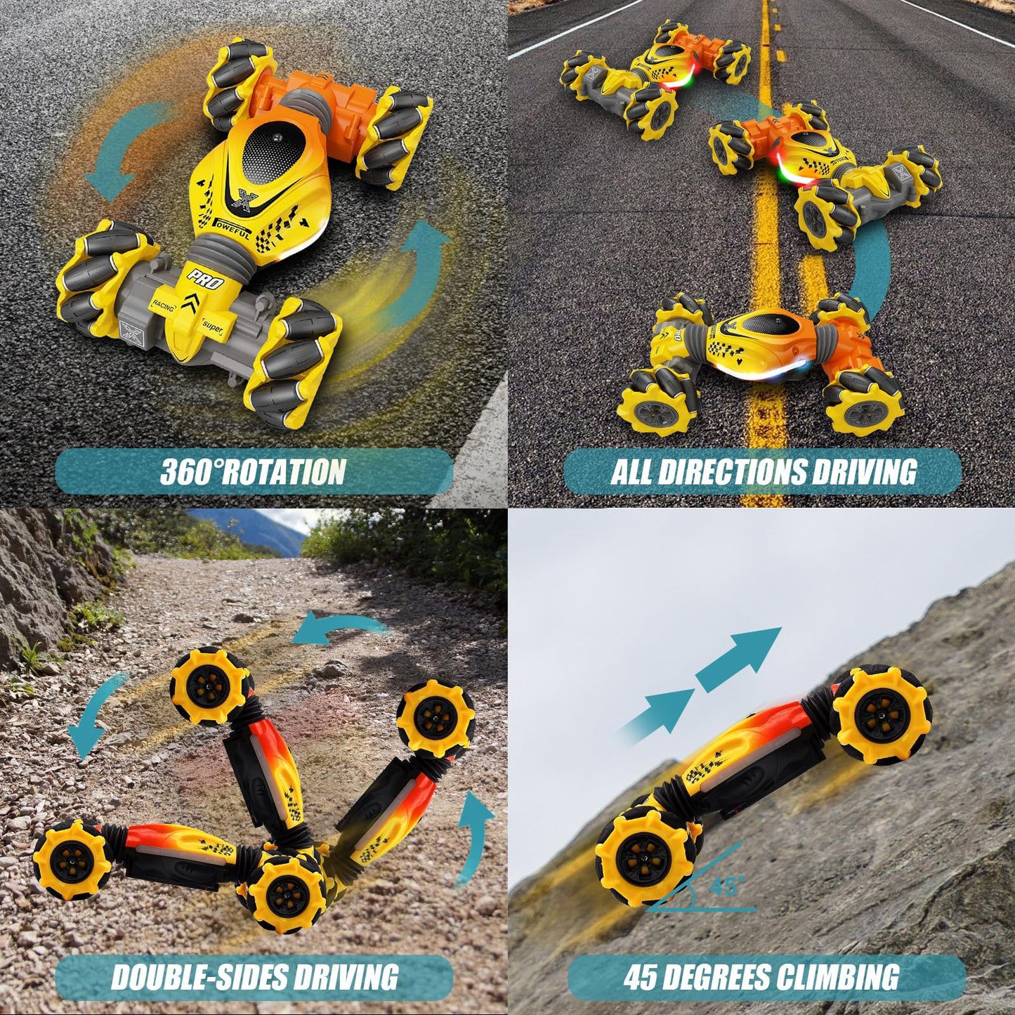 TIOYOTY RC Stunt Car, 2.4Ghz Remote Control Sensor 4WD Offroad Car, High Speed Drift 360 Rotating Twist Toy Car with Music Light