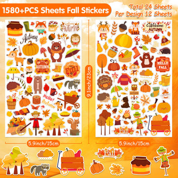 Linaye 24 Sheets Fall Stickers For Kids, 1580 Pcs Autumn Leaves Pumpkin Thanksgiving Stickers, Fall Party Favors For Kids, Fall