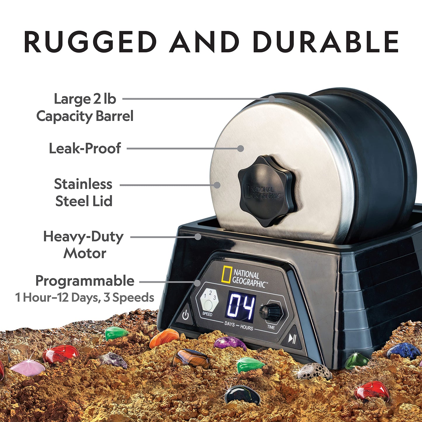 National Geographic Rock Tumbler Kit – Extra Large 2 Lb Barrel, 3-Speed Motor & 9-Day Timer – Geology DIY STEM Kit for Adults