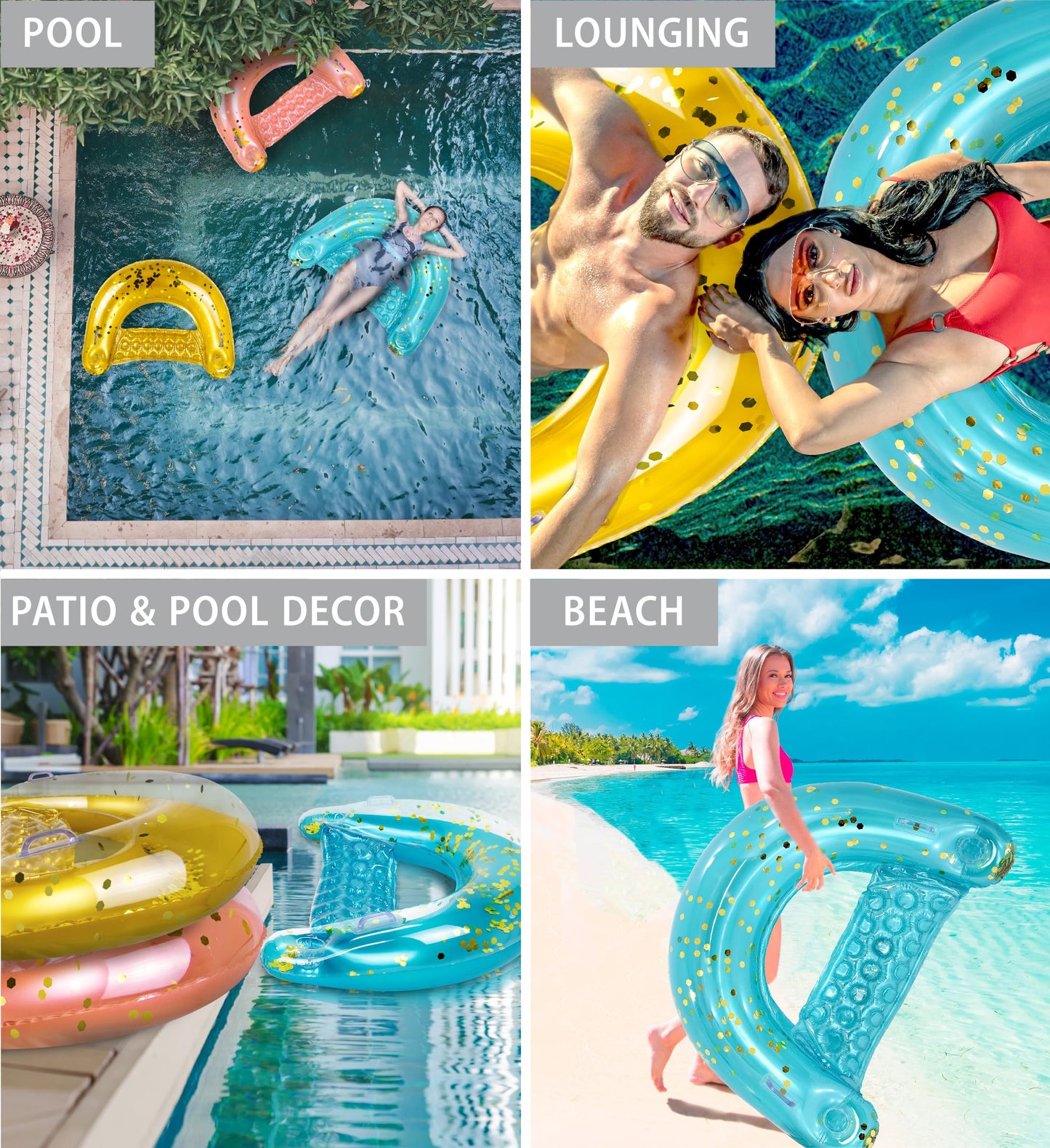 POZA Inflatable Pool Float Chair - Sparkle Confetti Lounge Inflatable Pool Floats  2 Built in Cup Holders and Handles  mature-themed Inflatable Pool Lounger Floating Chair for Beach  Lake  Pool - 48x38 Inches