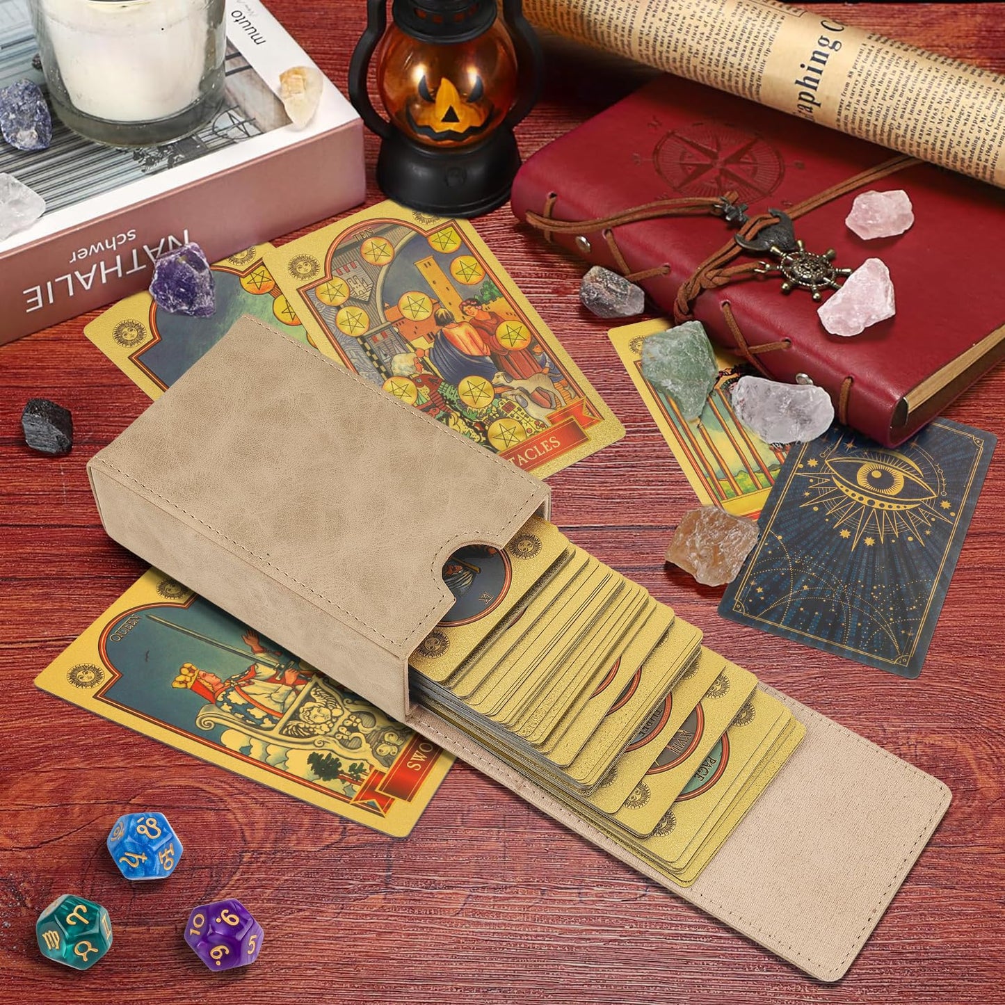 Buweeo Tarot Card Case/Holder, Single Deck Pu Leather Card Holder For Most Standard Size Tarot Cards Or Playing Cards, Light Bro