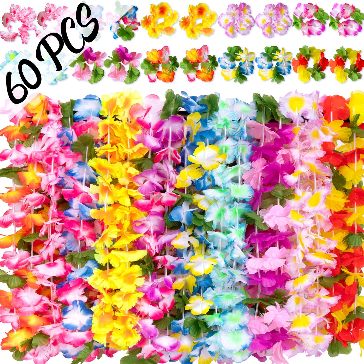 Moon Boat 60 Pieces Hawaiian Luau Leis Necklaces Bracelets - Tropical Tiki Hibiscus Flowers For Summer Pool Party Favors Supplie