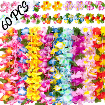 Moon Boat 60 Pieces Hawaiian Luau Leis Necklaces Bracelets - Tropical Tiki Hibiscus Flowers For Summer Pool Party Favors Supplie