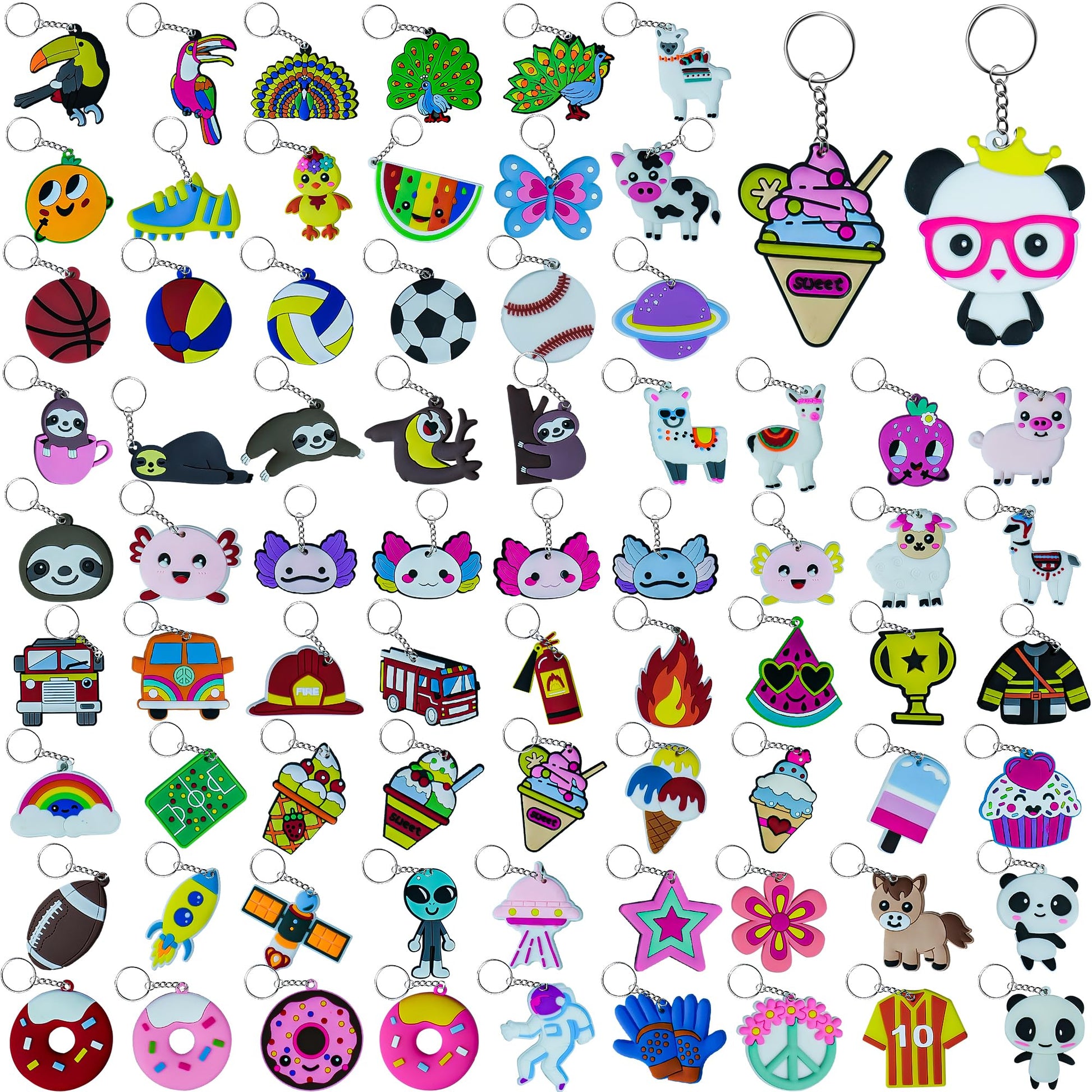 75PCS Cartoon Keychains Bulk for kids Adorable Backpacks Keychains Donut, Ball, Desserts, Axolotl, Sloth, Rainbow Bulk Key Chain