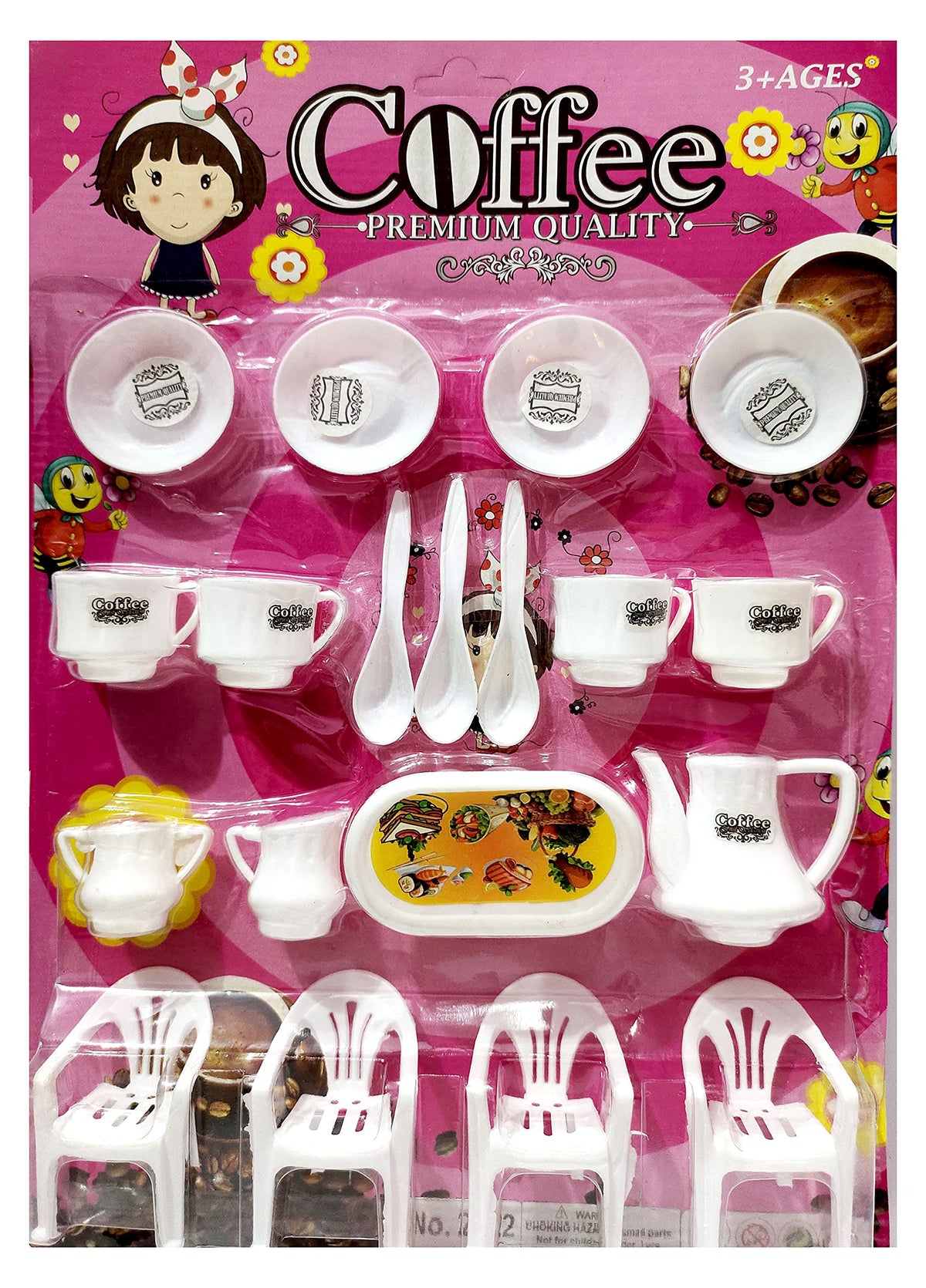 PRIMEFAIR Kitchen Coffee Set Roll Play Toys for Girls 4 Chairs 4 Cups 4 Tea Plait 3 Spoon 1 Mug 1 Tea Kettle 1 Table Complete Te