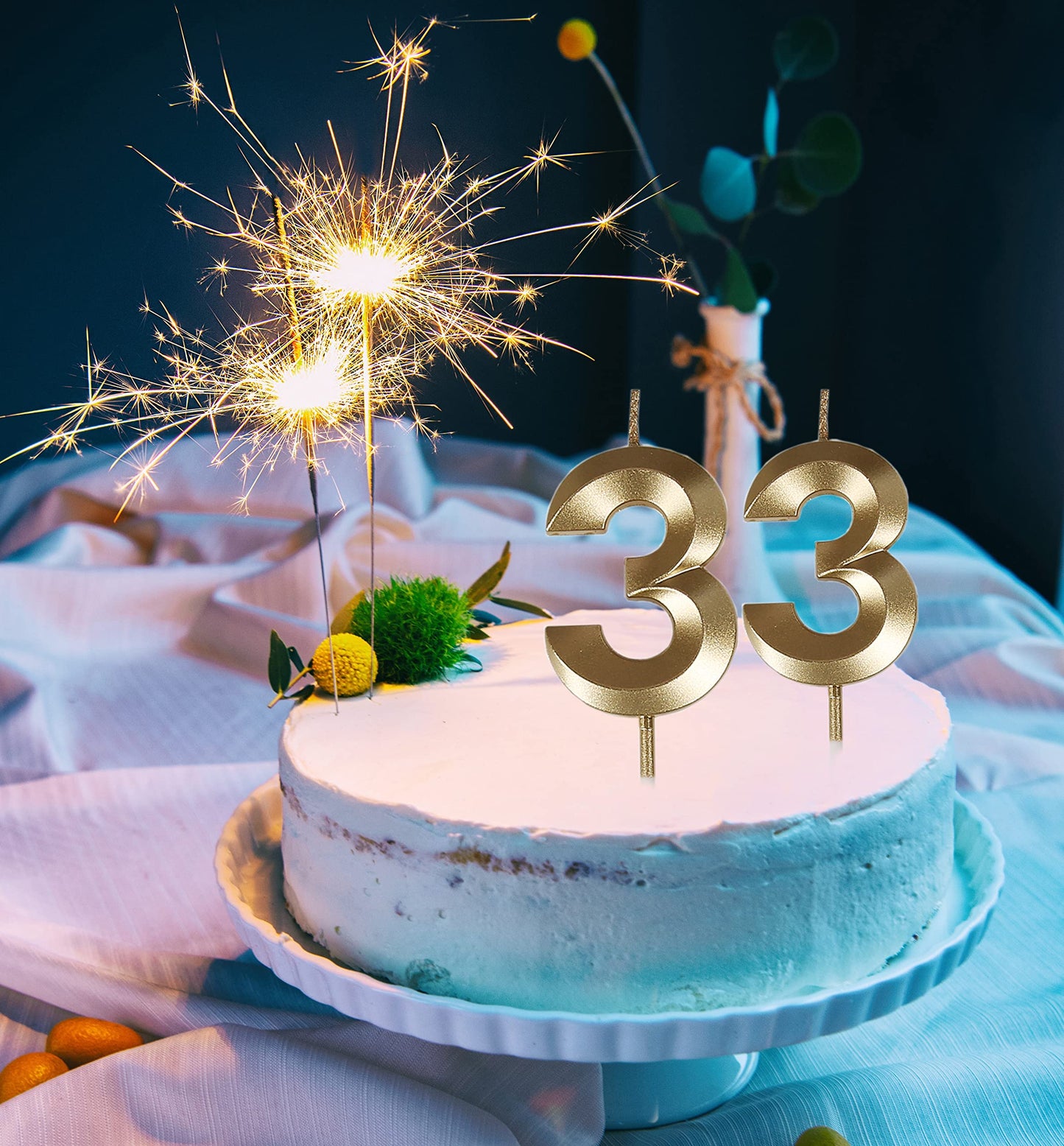 Bailym 33rd Birthday Candles, Glitter Gold Cake Topper, 1.3 Inch, Synthetic Wax for Party Decorations