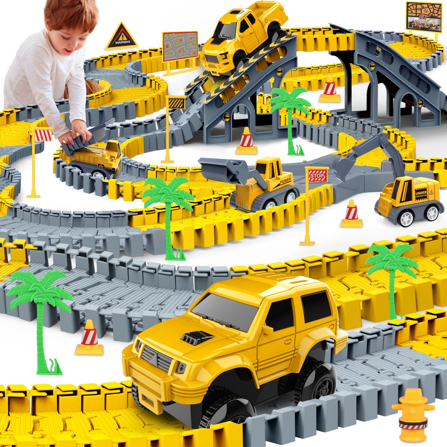 Kids Toys 253 Pcs Construction Race Tracks Toy For 3 4 5 6 7 8 Year Old Boys Girls, 5 Pcs Construction Truck Car And Flexible Track Play Set Create A Engineering Road Games Toddler Toys Birthday Gifts