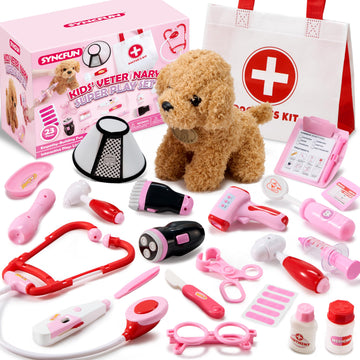 SYNCFUN Doctor Kit for Girls, 22 PCS Veterinarian Playset for Kids, Vet Kit with Dog Toy, Stethoscope, Storage Bag and Accessori