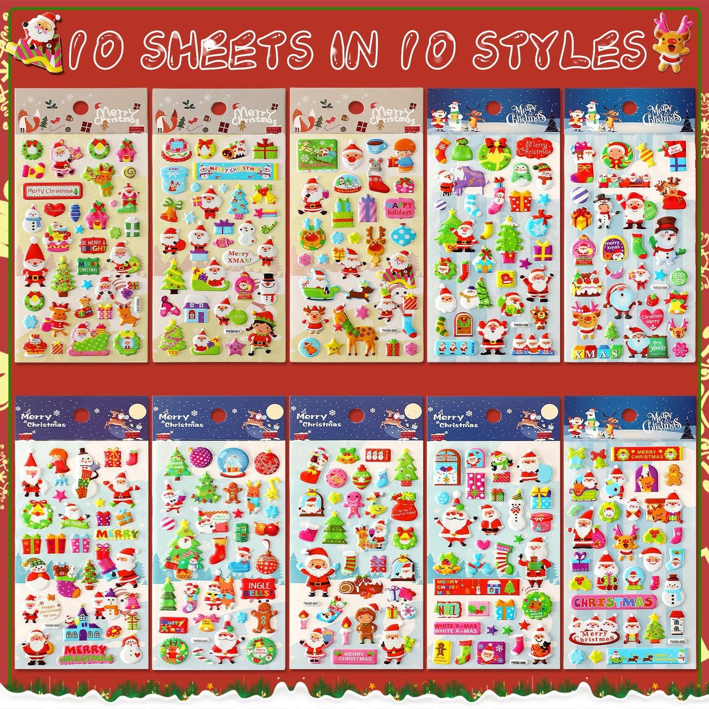 UPINS Christmas Stickers for Kids, 10 Sheets Holiday 3D Puffy Foam Decals - Cute Snowman, Reindeer, Tree, Santa for Party Favors